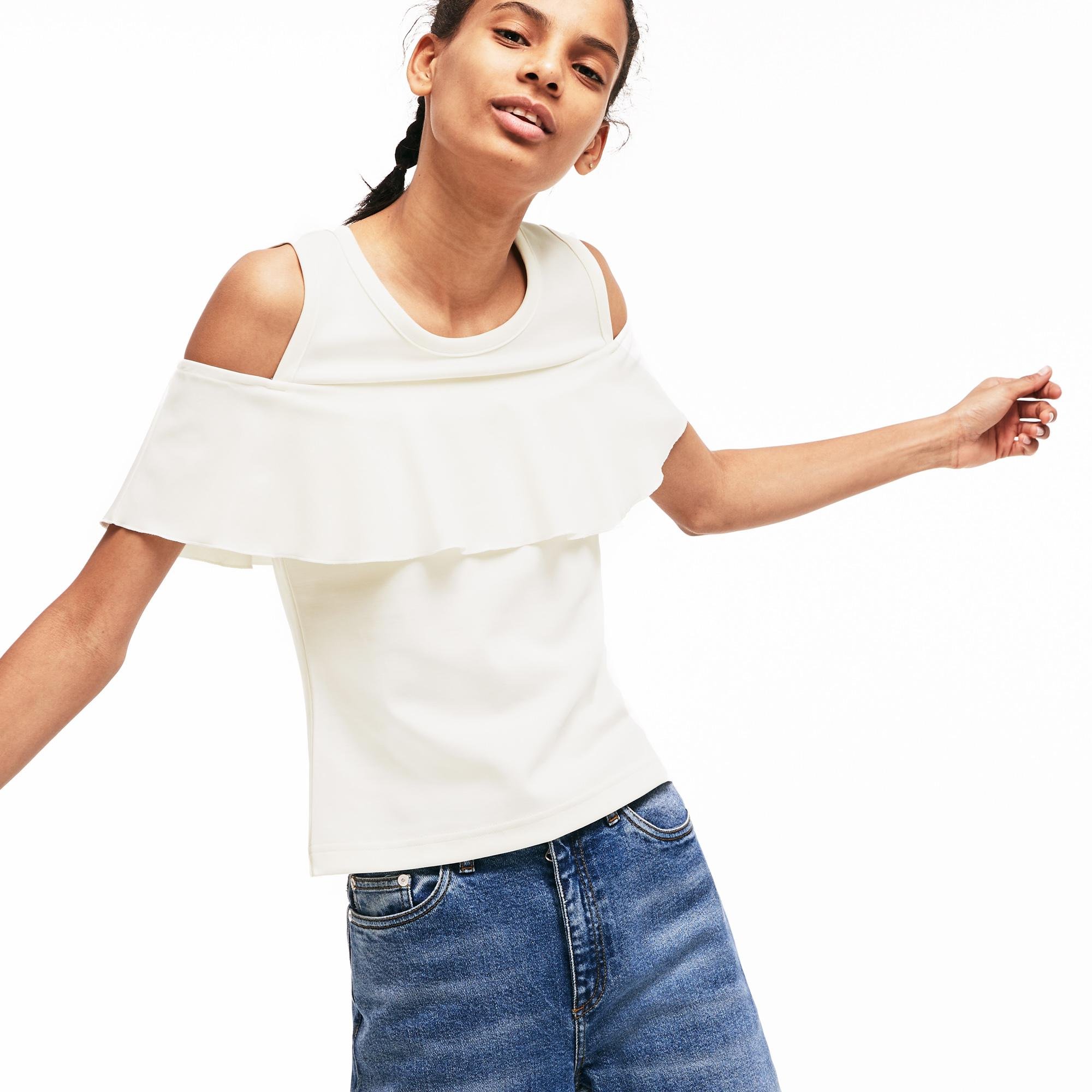 Lacoste L!VE Women's Cutout Flounced Cotton Blend T-Shirt