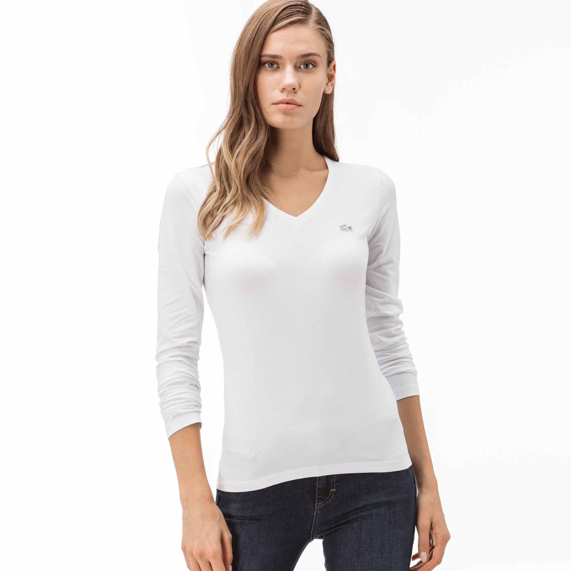Lacoste Kadın V Yaka Uzun Kollu Beyaz T-Shirt