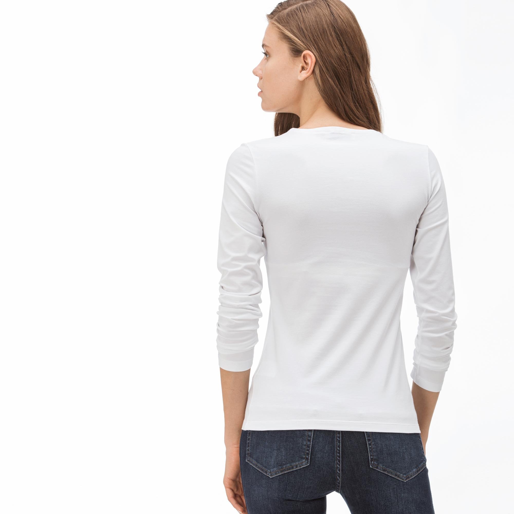 Lacoste Kadın V Yaka Uzun Kollu Beyaz T-Shirt