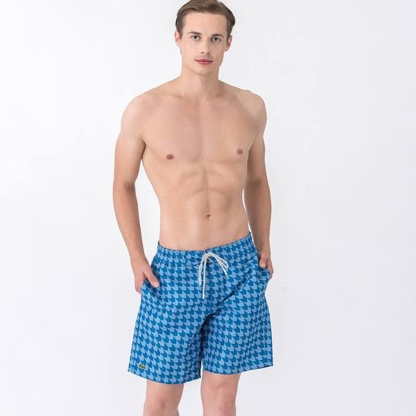 Lacoste Men's Long Cut Houndstooth Print Swimming Trunks