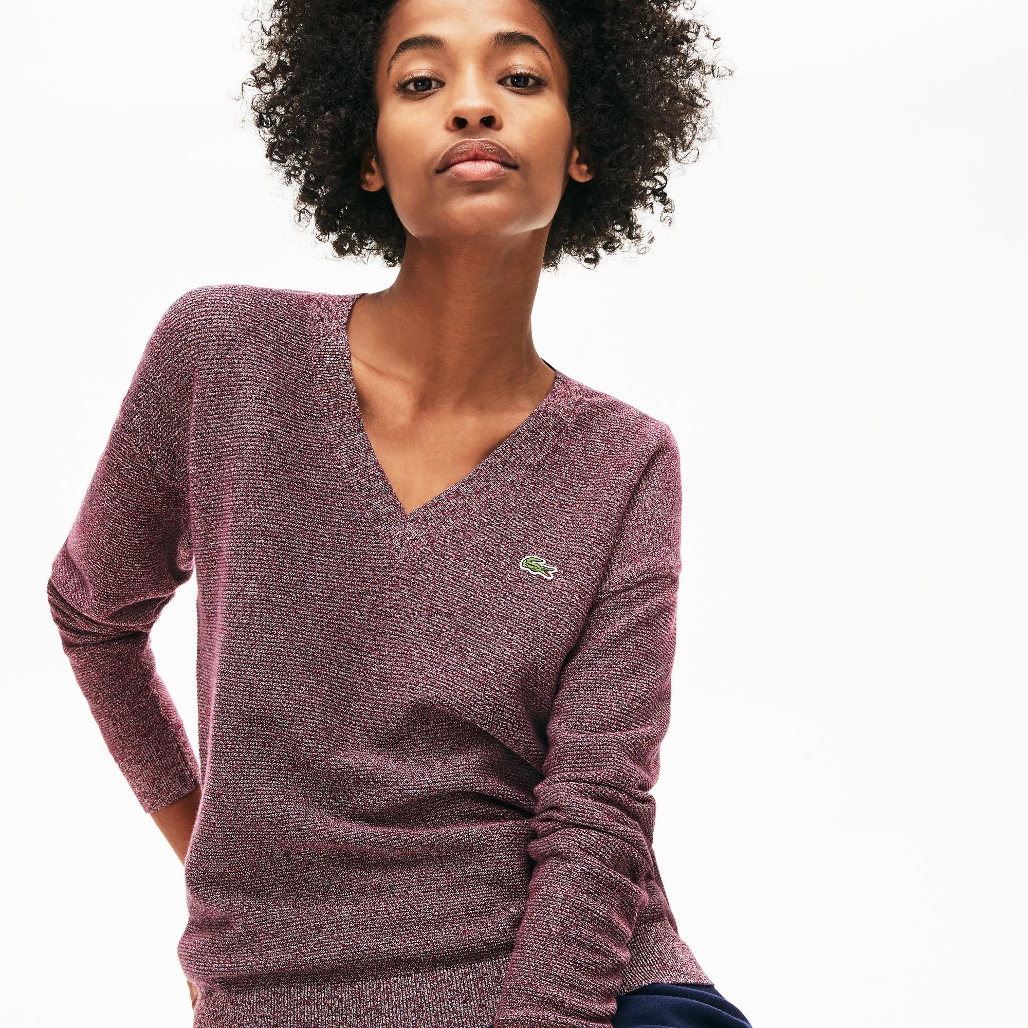 Lacoste Women's V-Neck Texturised Heathered Cotton Sweater