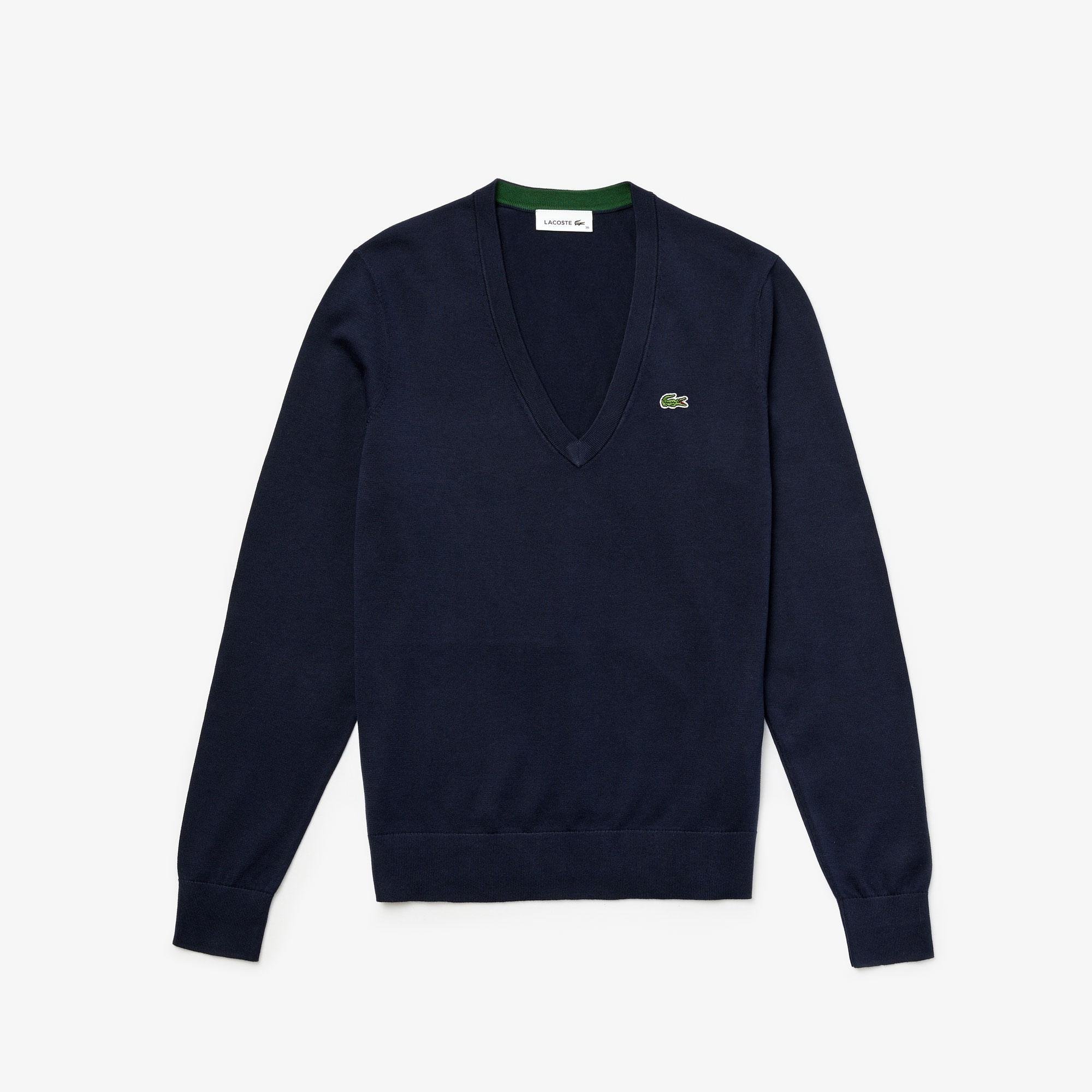 Lacoste Women's Solid Cotton V-Neck Sweater