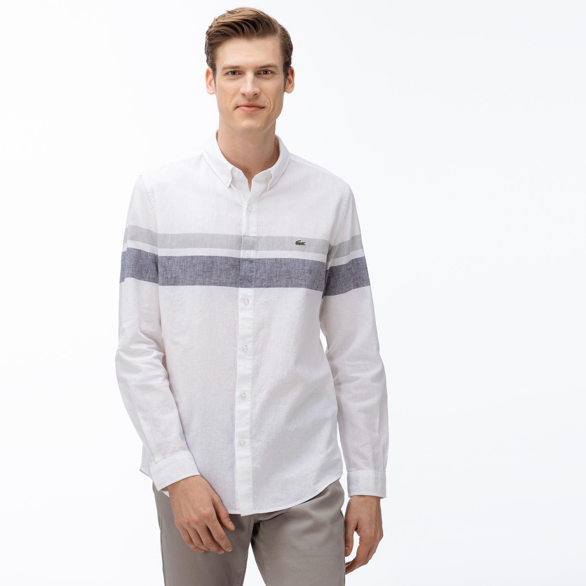 Lacoste Men's Slim Fit Block Striped Button-Down Collar Shirt