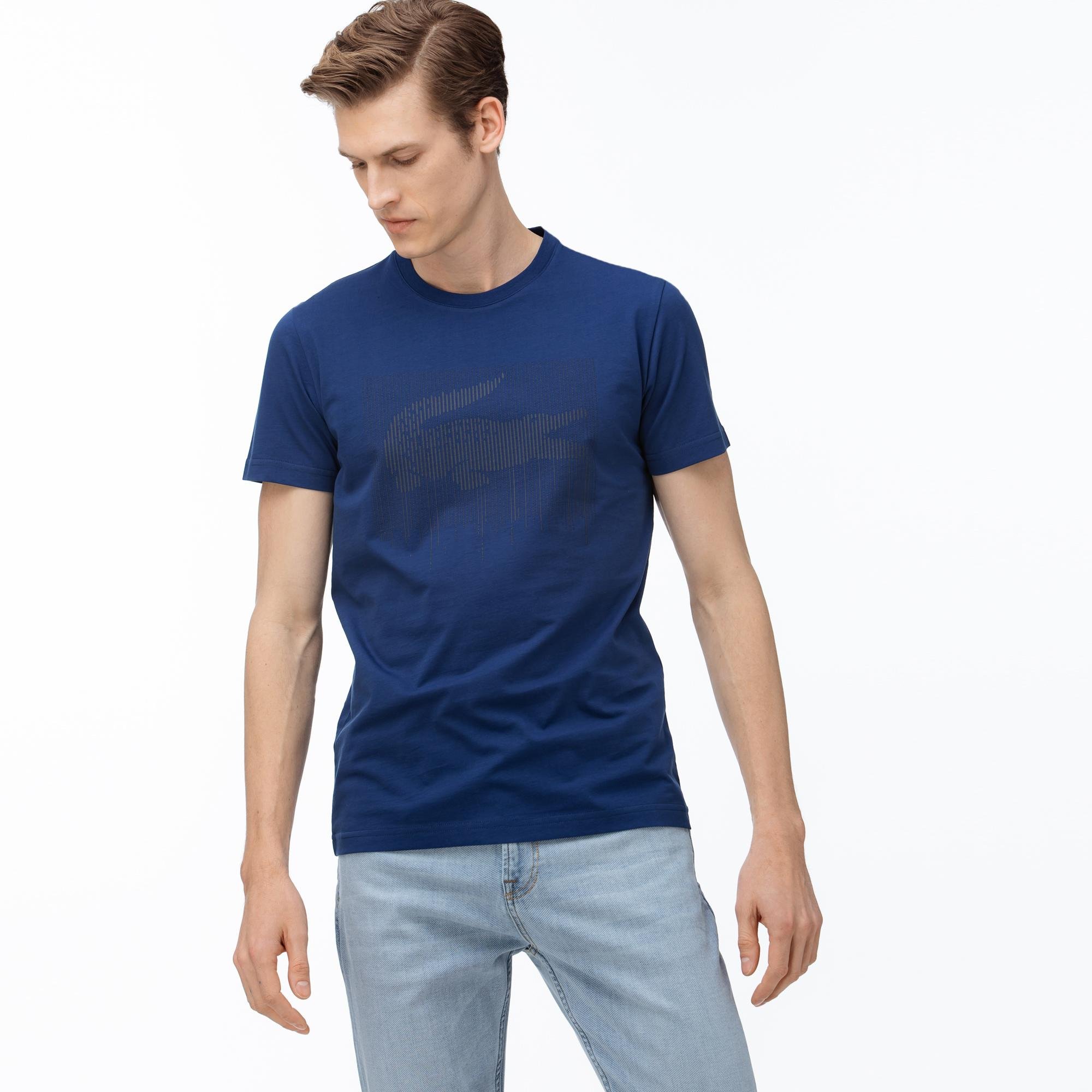 Lacoste Erkek Bisiklet Yaka Timsah Baskılı Saks Mavi T-Shirt