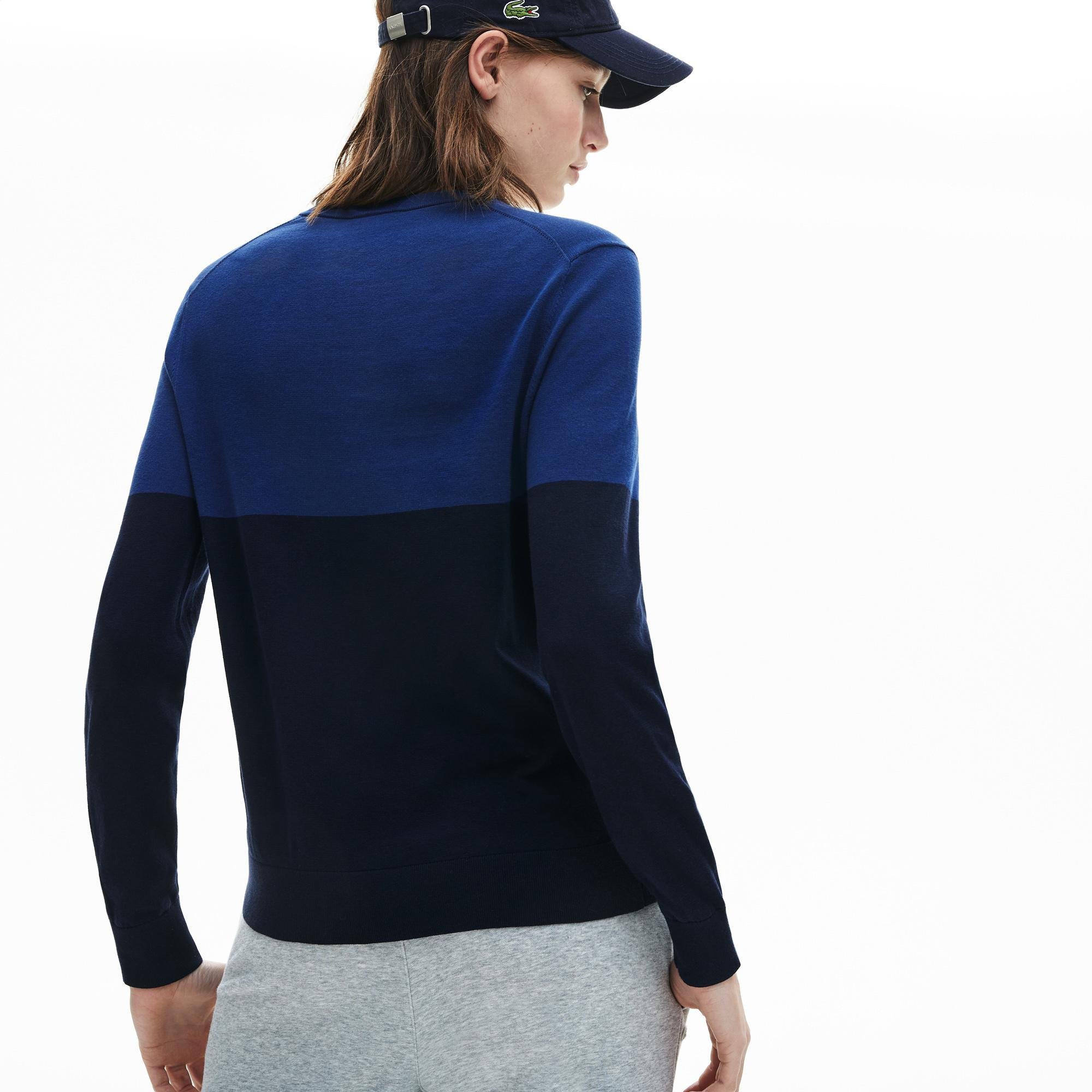 Lacoste Damski Sweter Bawełniany W Bloki Kolorystyczne Z Dekoltem W Kształcie Litery V