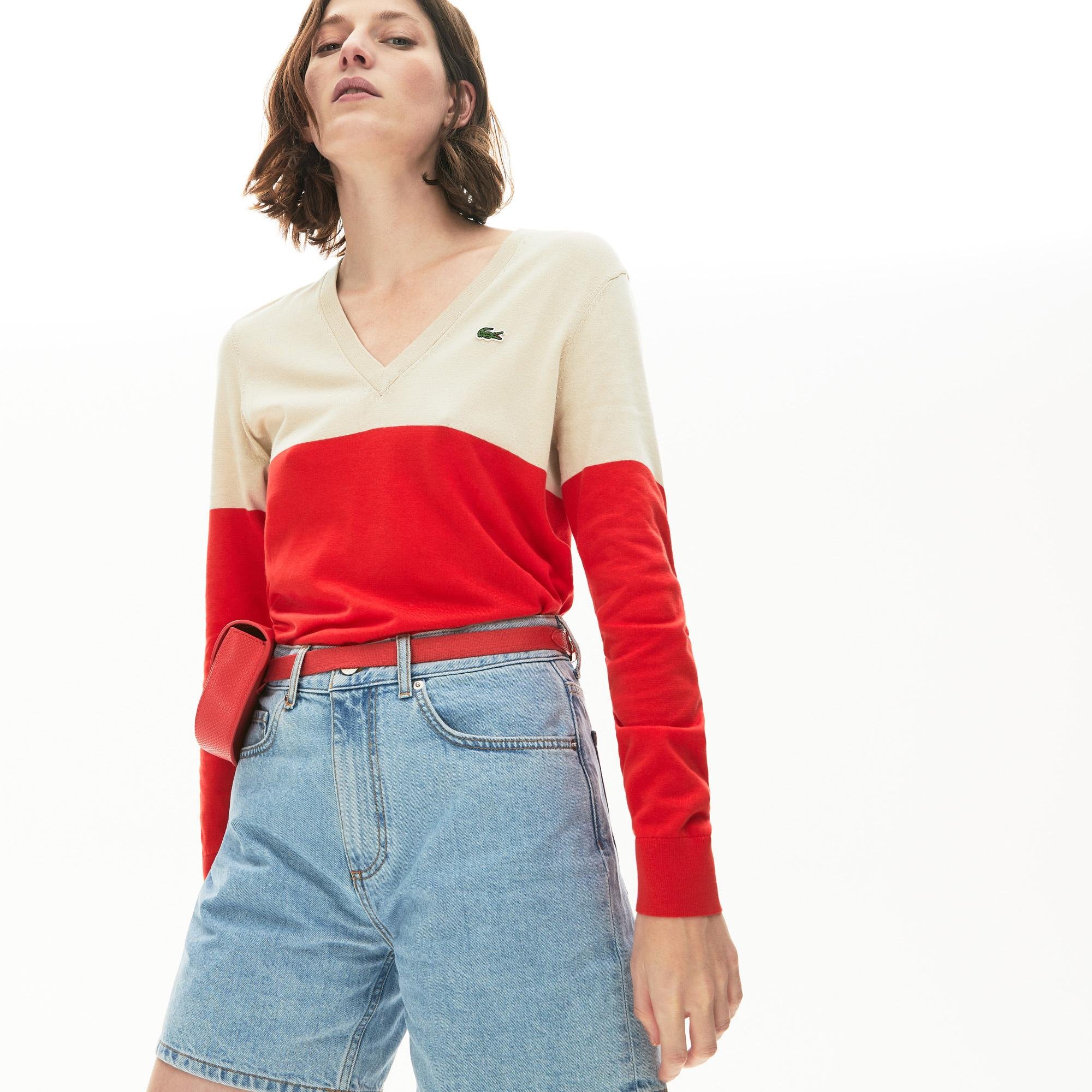 Lacoste Women's Colourblock Cotton V-Neck Sweater