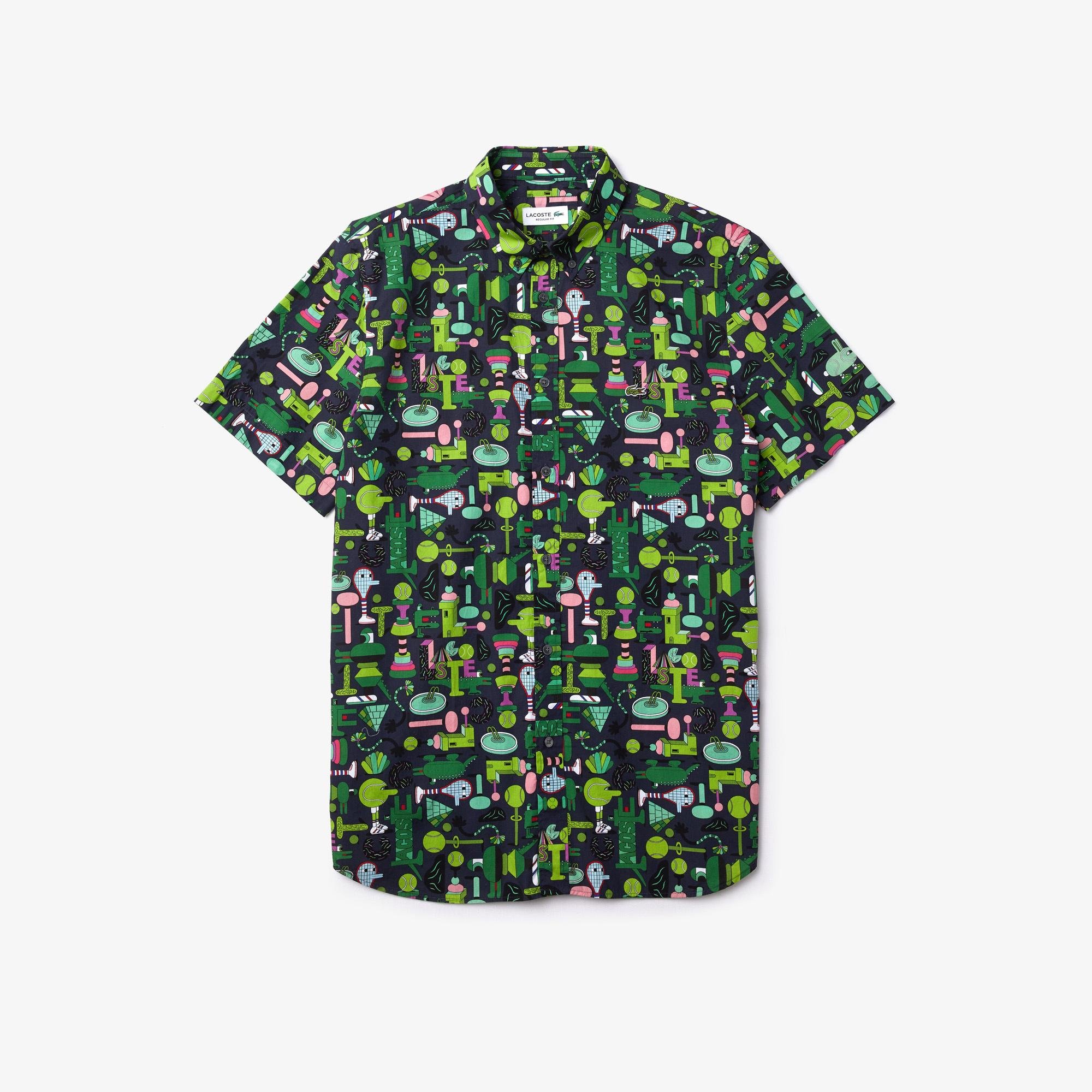 Lacoste Men's Button-Down Collar Graphic Short Sleeve Shirt