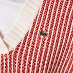 Lacoste Damski Dwukolorowy Prążkowany Wełniany Sweter Z Niskim Dekoltem W Kształcie Litery V