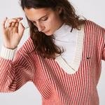 Lacoste Damski Dwukolorowy Prążkowany Wełniany Sweter Z Niskim Dekoltem W Kształcie Litery V