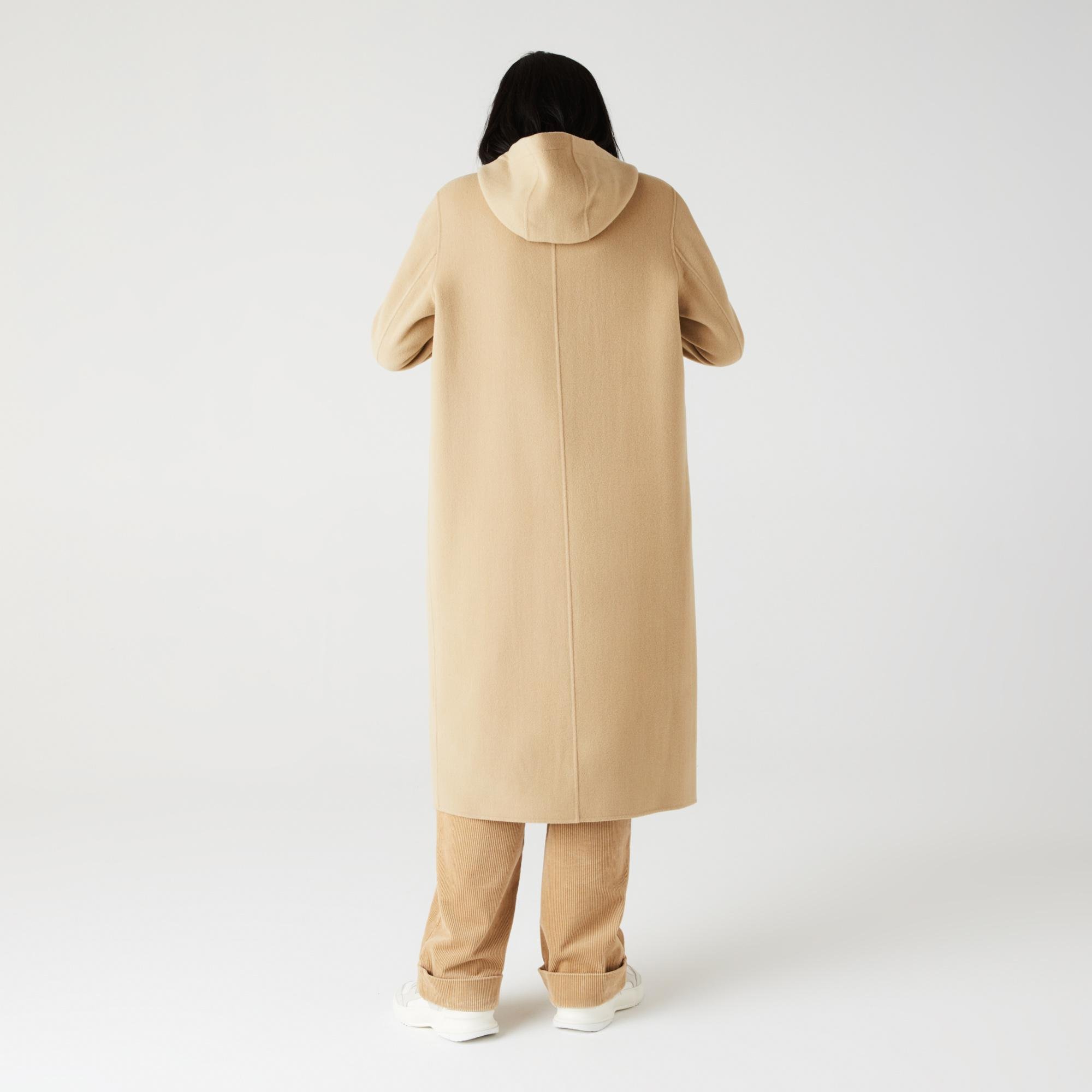 Lacoste Women's Hooded Zippered Long Wool Blend Coat