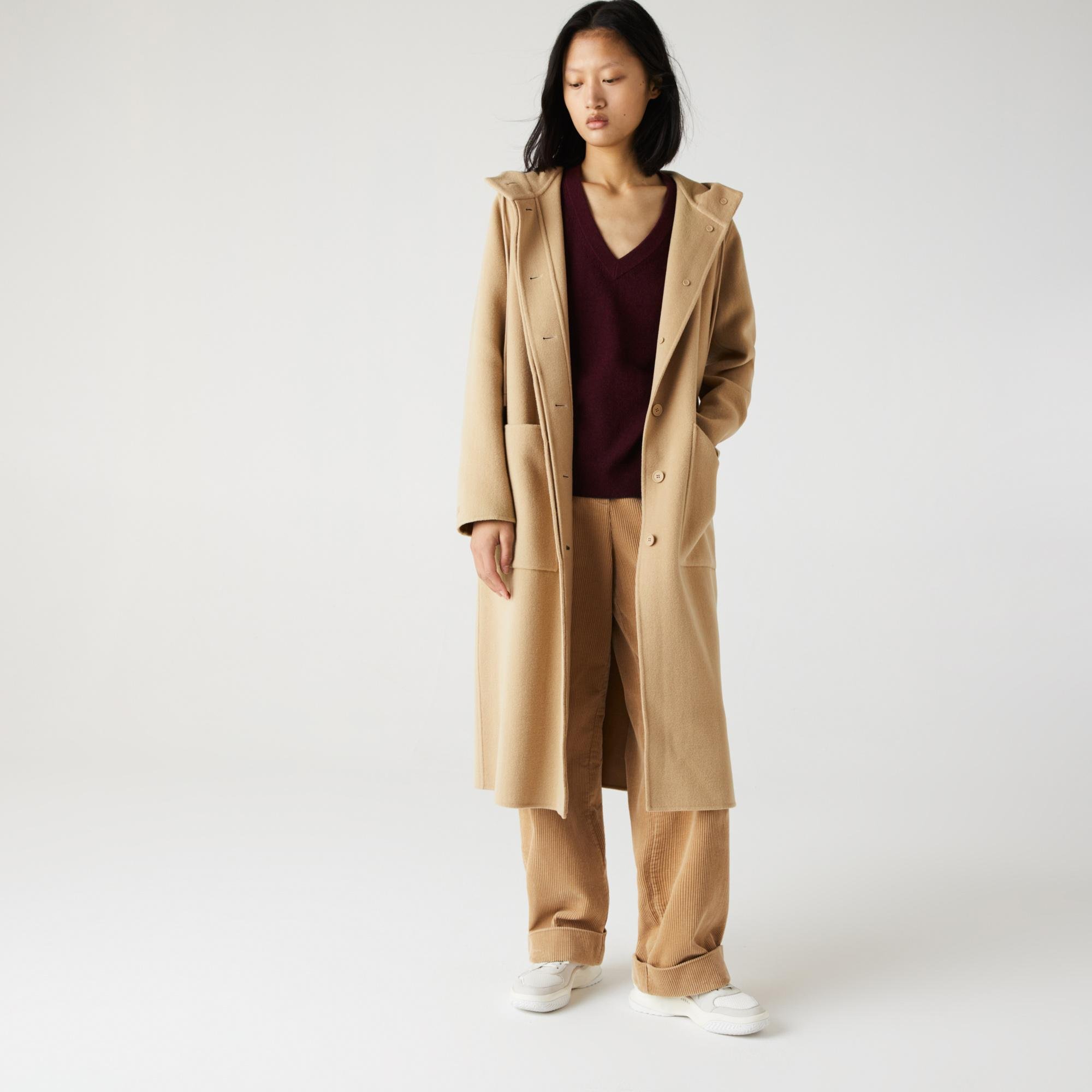 Lacoste Women's Hooded Zippered Long Wool Blend Coat