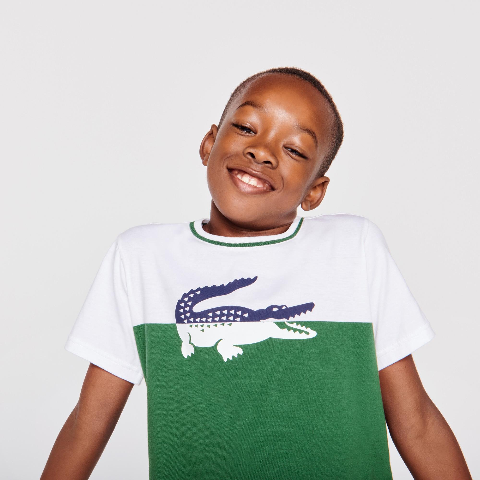 Lacoste Chłopięcy bawełniany dwukolorowy T-shirt z okrągłym dekoltem i nadrukiem krokodyla
