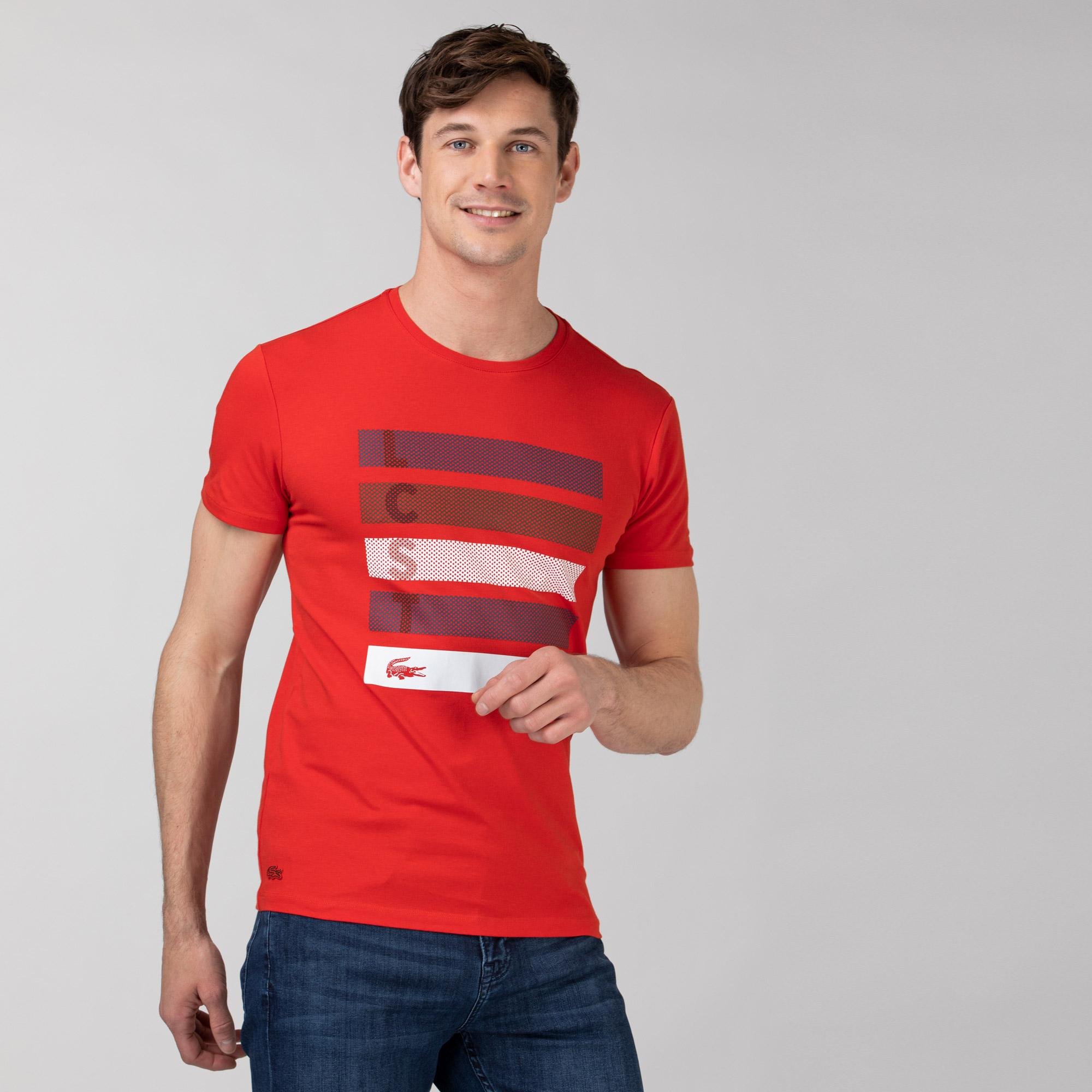 Lacoste Erkek Slim Fit Bisiklet Yaka Baskılı Kırmızı T-Shirt
