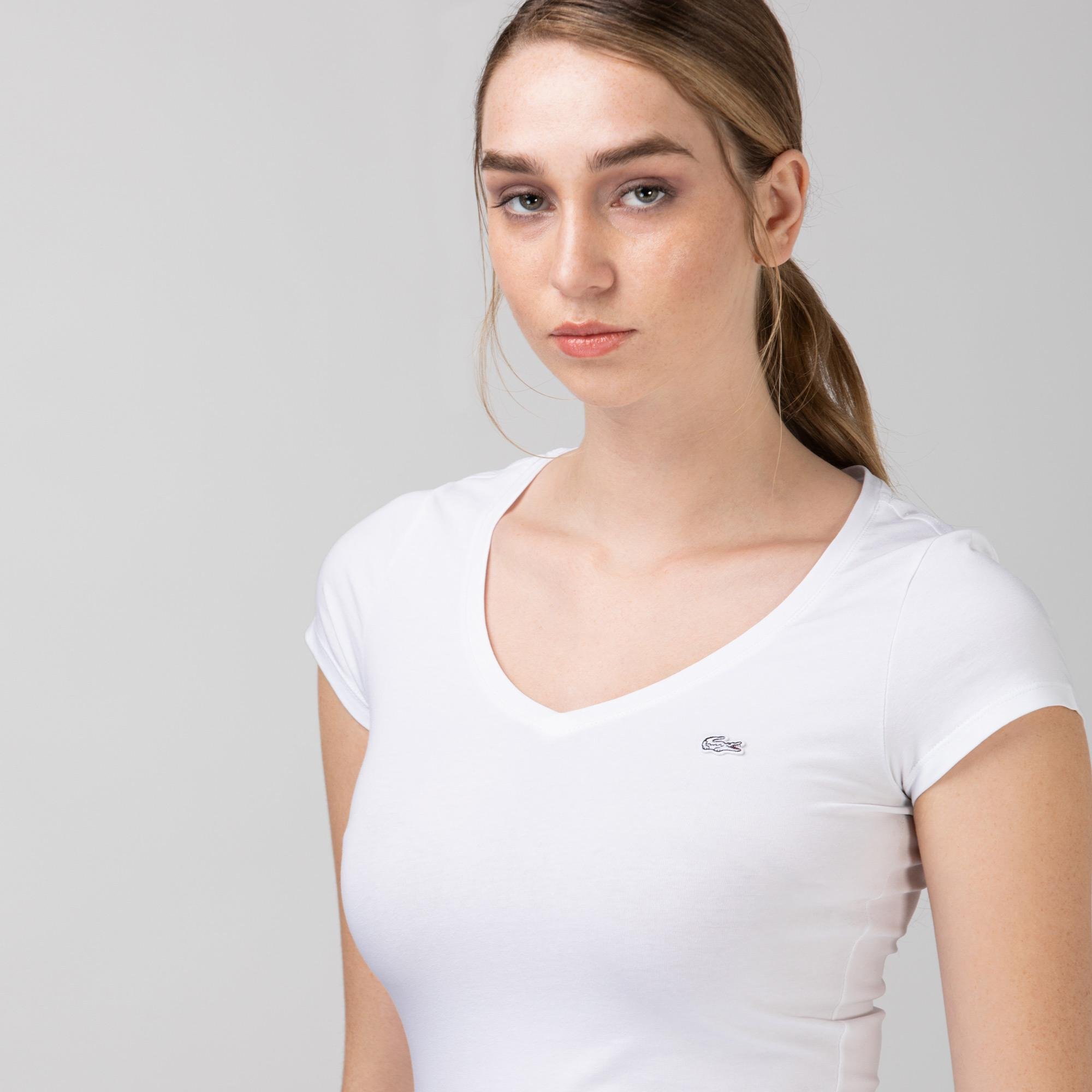Lacoste Kadın V Yaka Beyaz T-Shirt