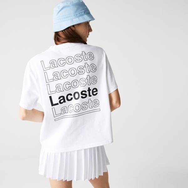 Lacoste L!VE T-shirt damski z bawełny, z okrągłym dekoltem, z nadrukiem