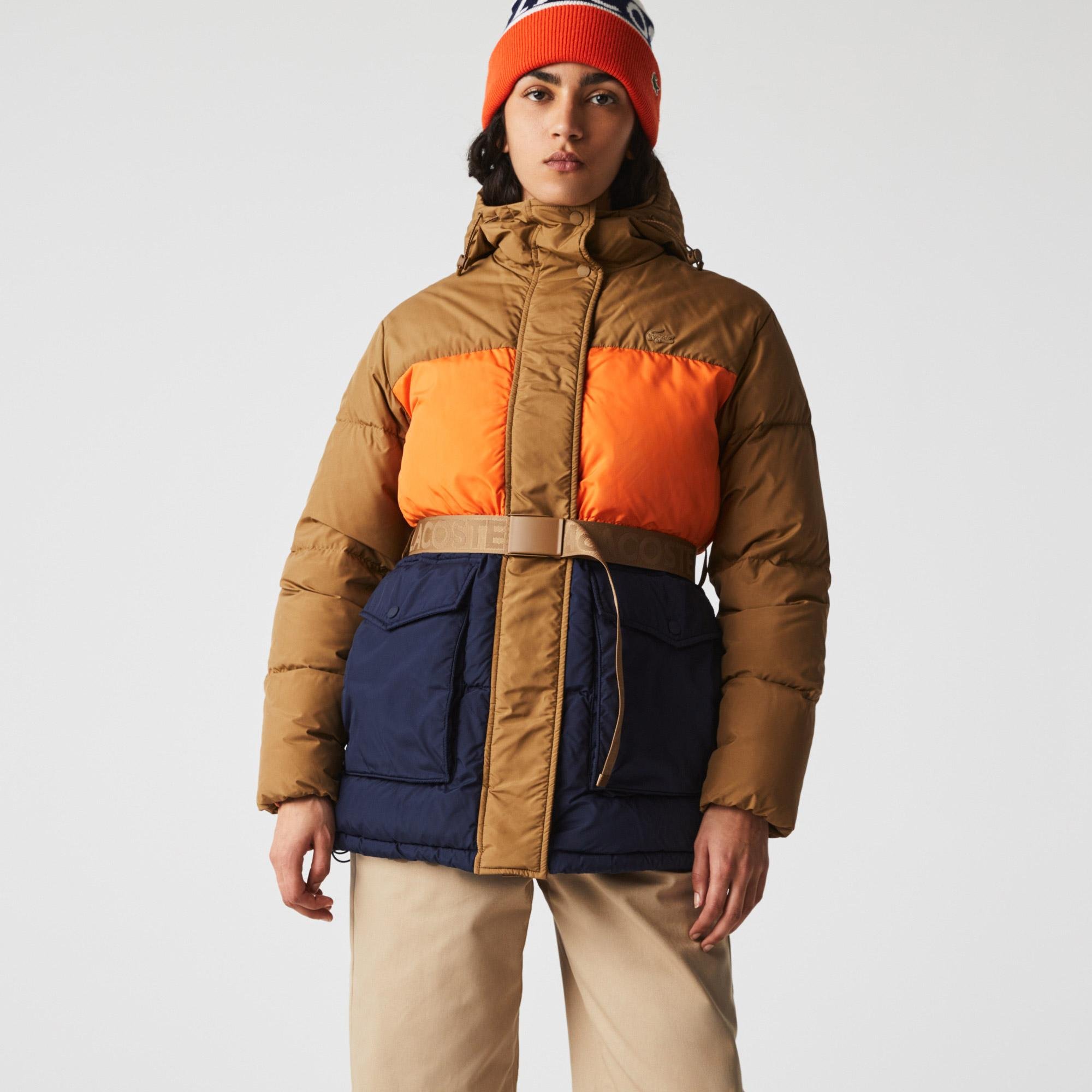 Lacoste dámská prošívaná bunda s kapucí a s barevnými pásy