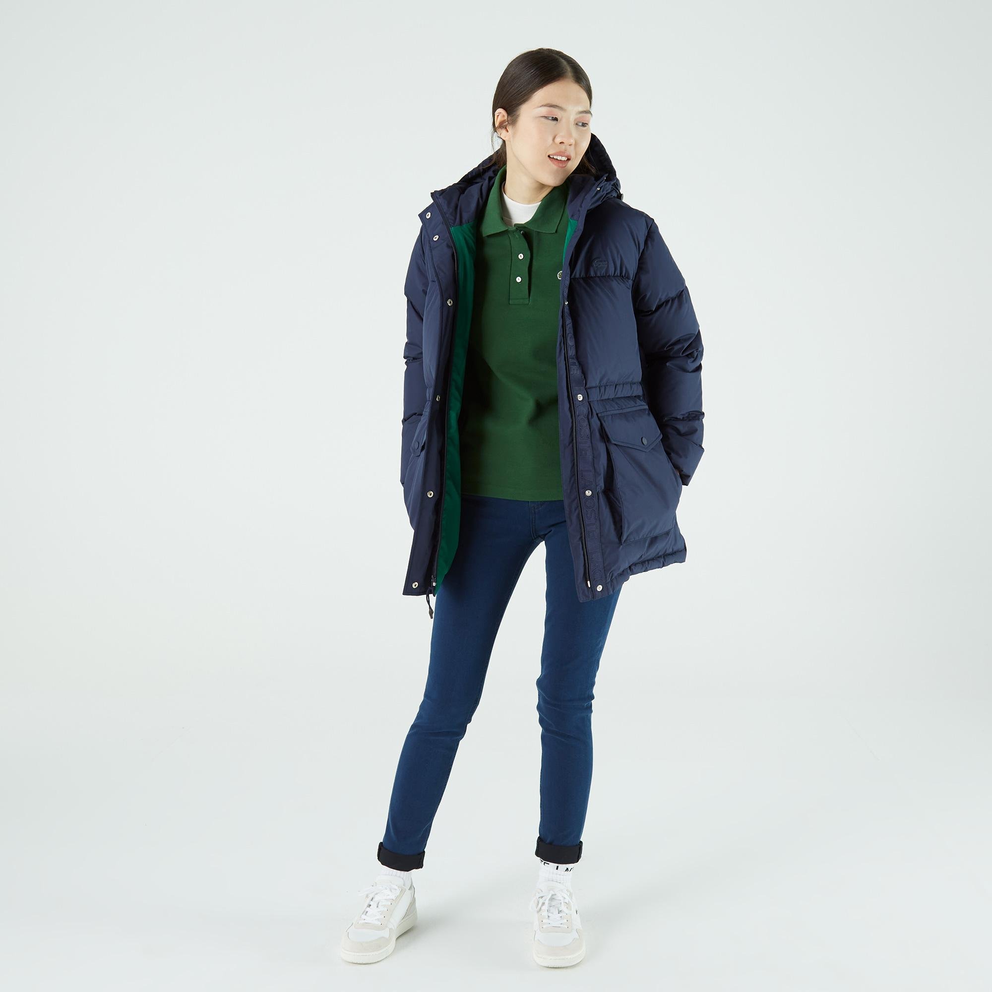 Lacoste Women’s Hooded Fitted Belted Colorblock Quilted Jacket
