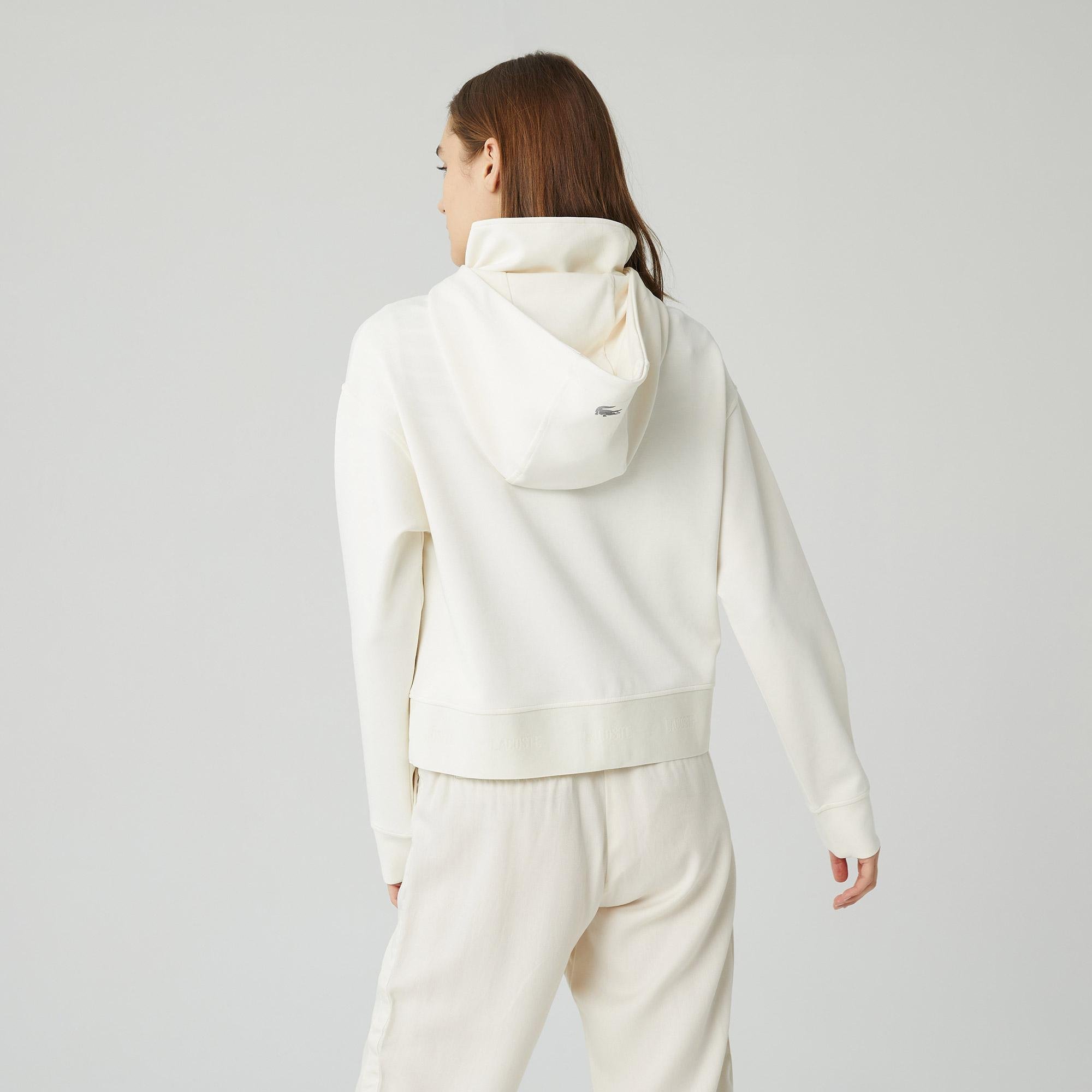 Lacoste Kadın Relaxed Fit Kapüşonlu Fermuarlı Beyaz Sweatshirt