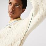 Lacoste férfi classic fit V-nyakú kontrasztos csíkos gyapjú pulóver