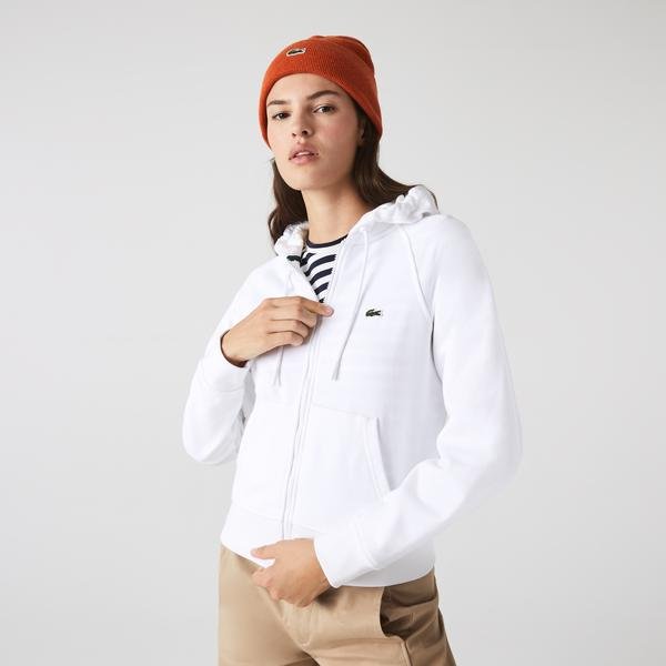 Lacoste Kadın Regular Fit Kapüşonlu Organik Pamuk Beyaz Sweatshirt