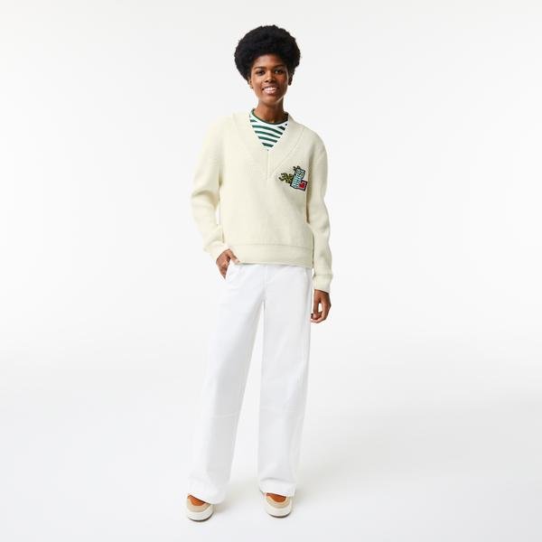 Lacoste Women's  Holiday V-Neck Wool Sweater
