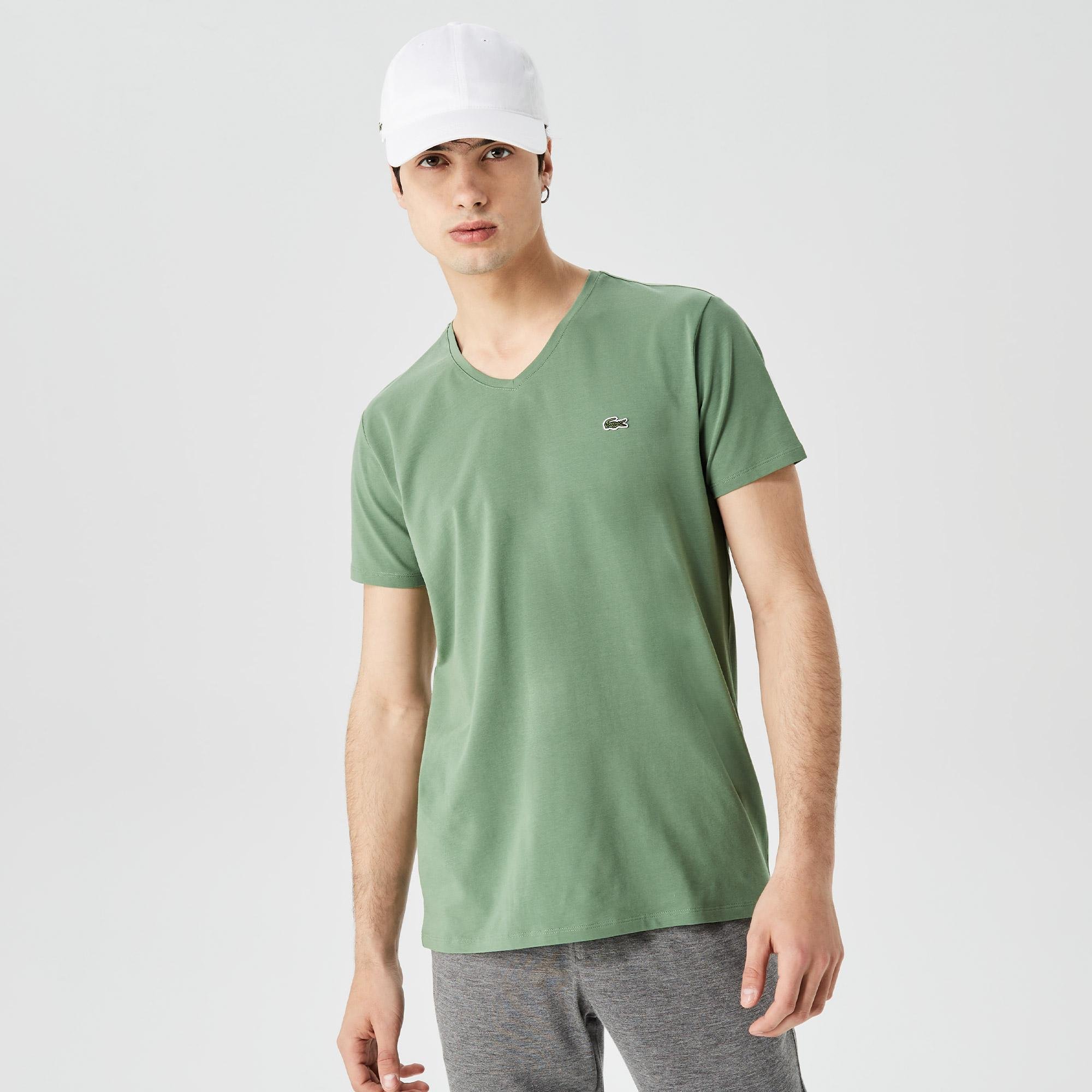 Lacoste Erkek Slim Fit V Yaka Yeşil T-Shirt. 6
