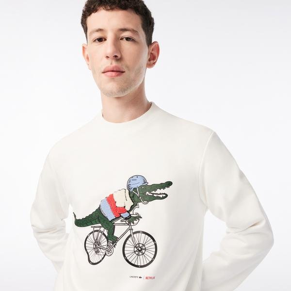 Lacoste męska bluza z bawełny organicznej z nadrukiem x Netflix