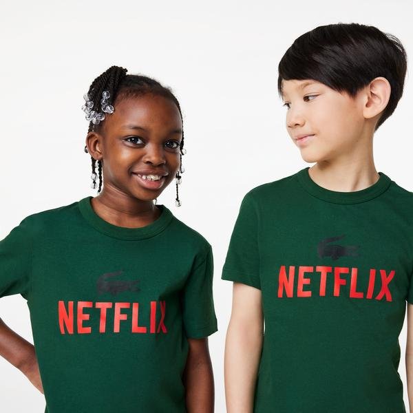 Lacoste dziecięcy T-shirt z bawełny organicznej z nadrukiem x Netflix