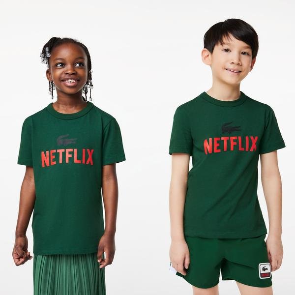 Lacoste dziecięcy T-shirt z bawełny organicznej z nadrukiem x Netflix