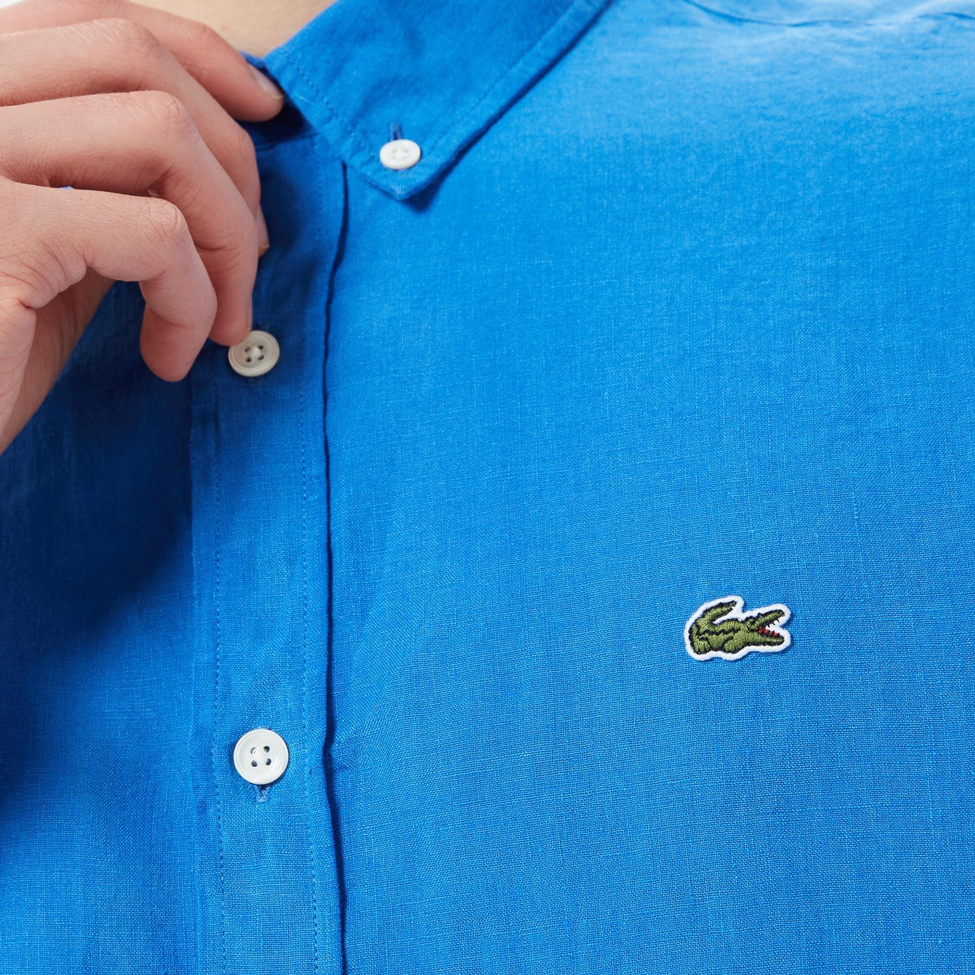 Lacoste Erkek Regular Fit Düğmeli Yaka Keten Mavi Gömlek. 5
