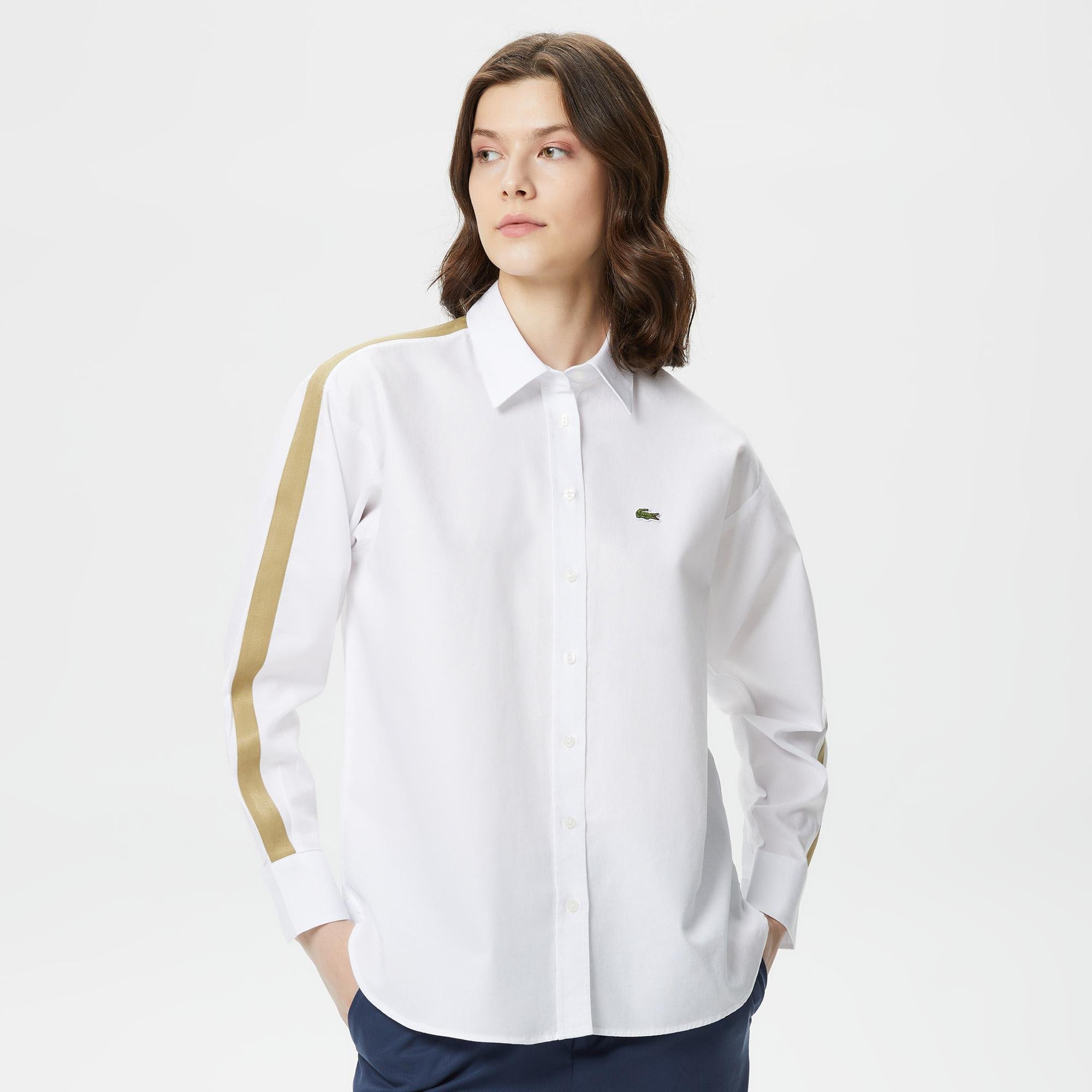 Lacoste Kadın Oversize Renk Bloklu Beyaz Gömlek. 3