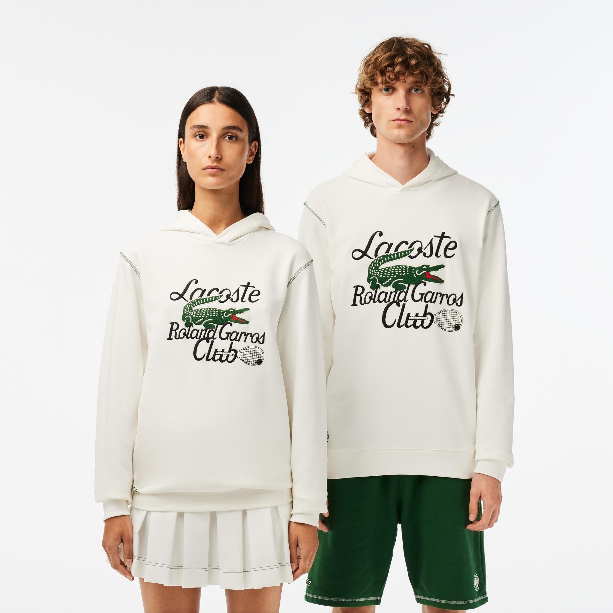 Lacoste Roland Garros Unisex Relaxed Fit Kapüşonlu Baskılı Beyaz Sweatshirt. 1