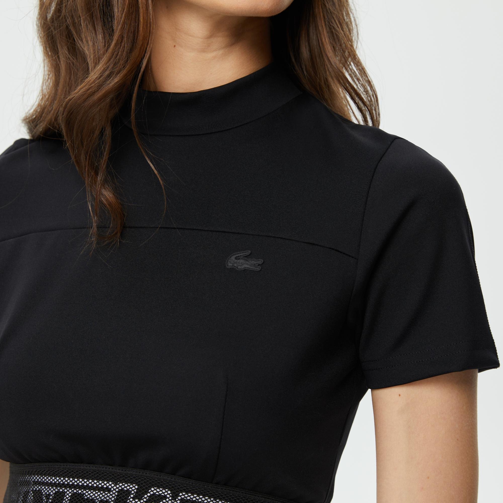 Lacoste Kadın Slim Fit Dik Yaka Baskılı Siyah T-Shirt. 5