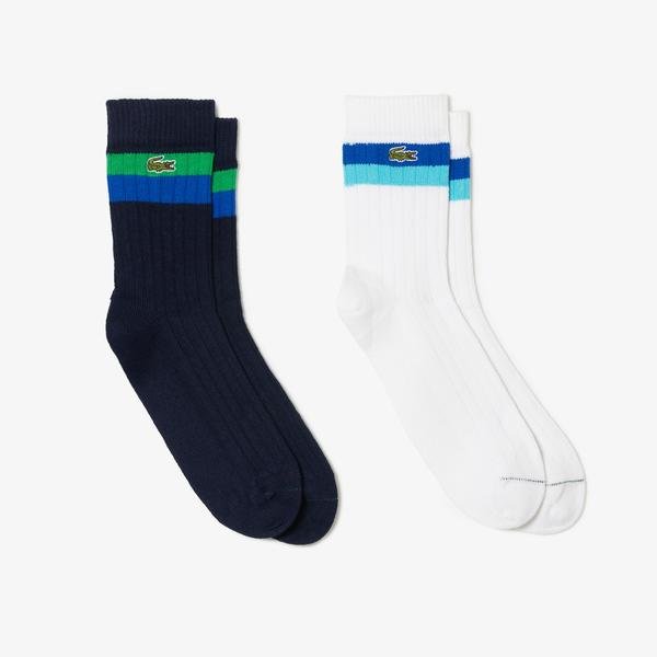 Lacoste Unisex vysoké pruhované rebrované bavlnené ponožky, dvojbalenie