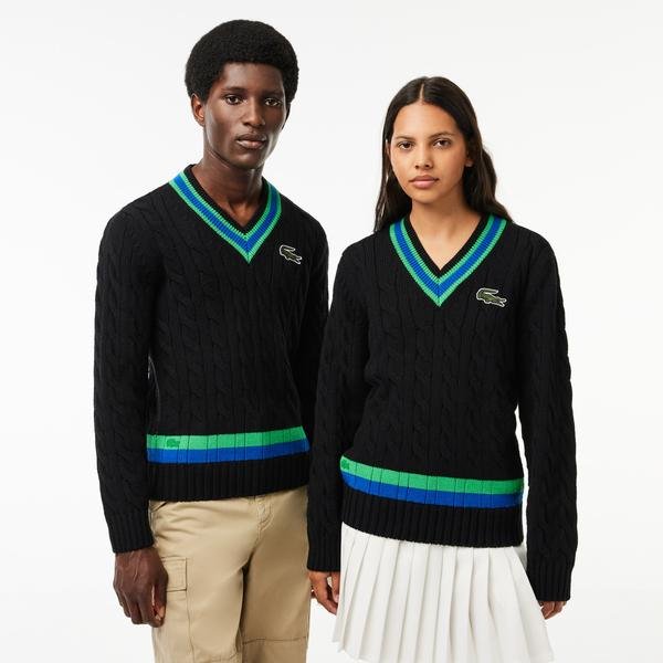 Lacoste V Neck Cable Knit Stripe Detail Sweater