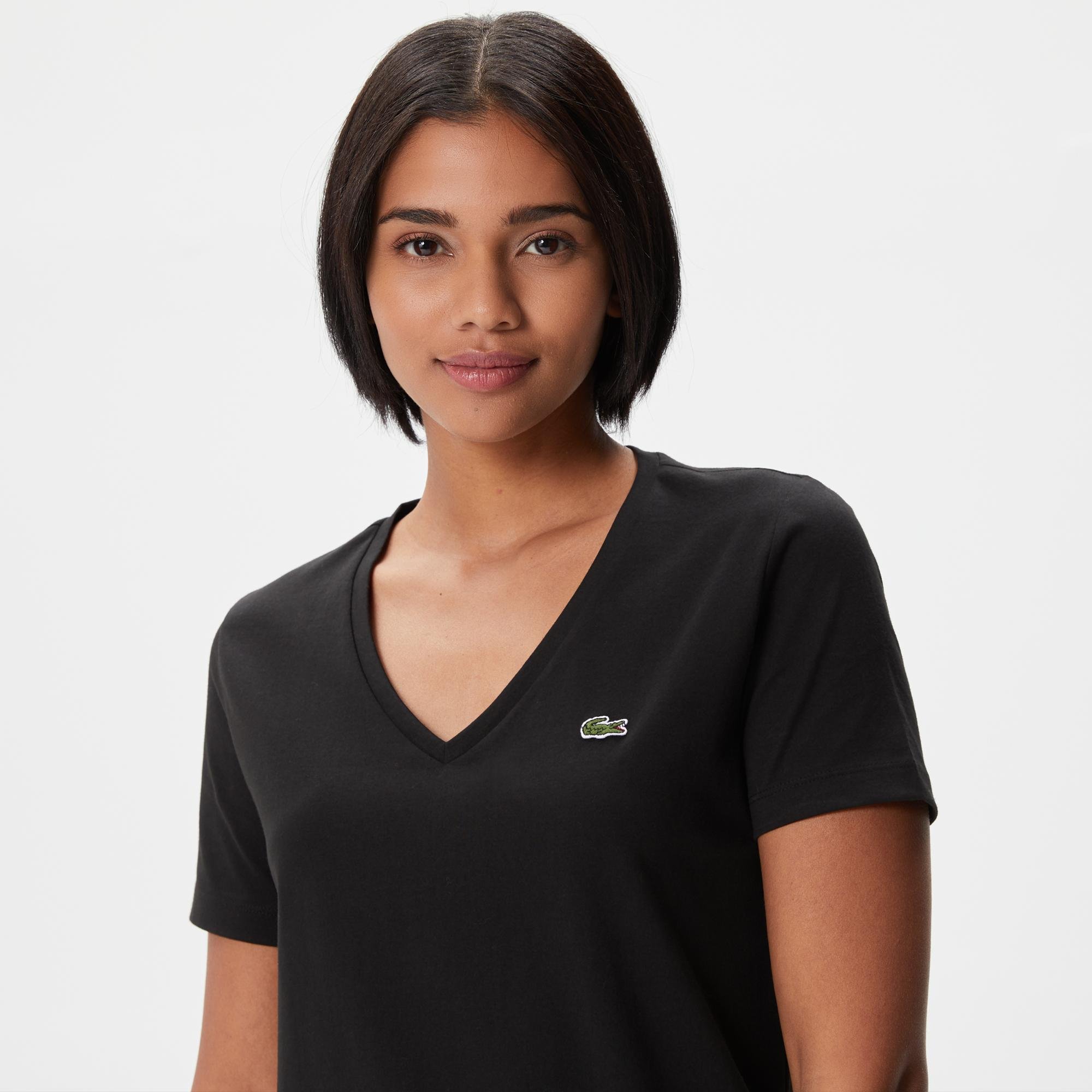 Lacoste Kadın Loose Fit V Yaka Siyah T-Shirt