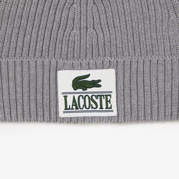 Lacoste Ribbed Wool Woven Patch Beanie