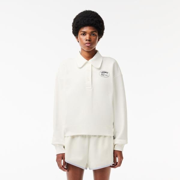 Lacoste Kadın Polo Yaka Beyaz Sweatshirt